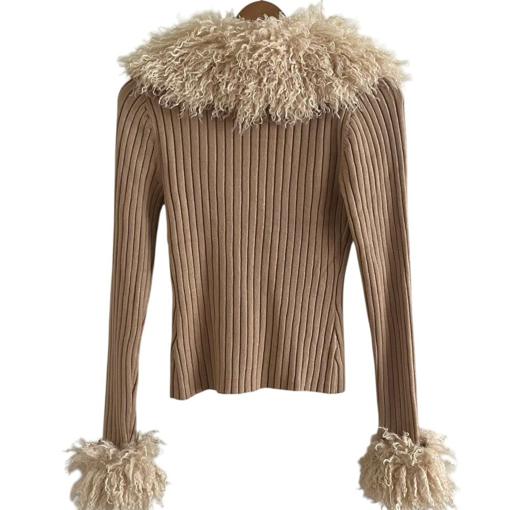 Haute Hippie Faux Fur Trim Ribbed Cardigan size M Tan Penny Lane Boho 70s - Picture 3 of 7